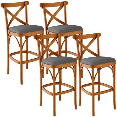 Imagem de Kit 04 Banquetas Altas Cozinha Bancada Bar Sala Jantar Estofada ávila L02 Linho Cinza Escuro - Lyam