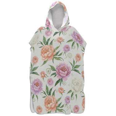 Imagem de Joisal Roupão para troca de poncho de surfe de secagem rápida para toalha de banho com capuz fofo aquarela peônia flor creme ponchos adultos para mulheres