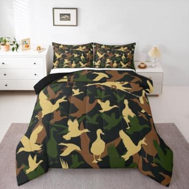 Imagem de Feelyou Jogo de cama casal com estampa de pato camuflado de caça, animais selvagens, camuflagem, verde, para meninos, crianças e adolescentes, com 1 edredom e 2 fronhas