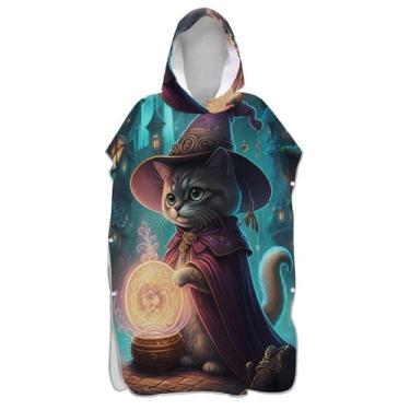 Imagem de Roupão para adultos, poncho de surfe, com capuz, toalha de natação plus size, gato fofo, bruxo, noite, poncho masculino brilhante com capuz