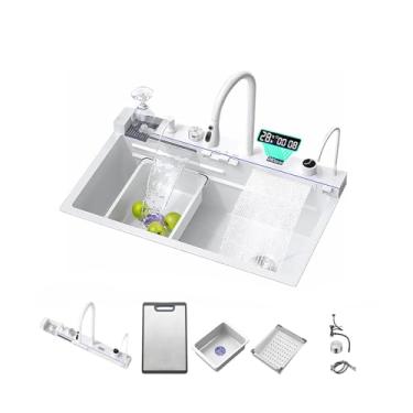 Imagem de NOYHHAV Pia de cozinha de aço inoxidável para bancada ou tigela única embutida com cesta de drenagem, tábua de corte, pia de vegetais, conjunto de torneira multifuncional (branco, 80 x 45 x 23 cm)