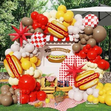 Imagem de Arco de balão de festa de cachorro-quente, 137 peças, kit de arco de guirlanda de balão marrom vermelho e amarelo com balões de alumínio de cachorro-quente para piquenique churrasco bebê Q decorações