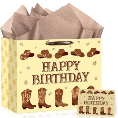 Imagem de Bolsa de presente de aniversário de caubói, rodeio ocidental, para presente de chá de bebê, com cartão de papel, botas de caubói marrom, saco de papel de embrulho para meninos, homens, adultos