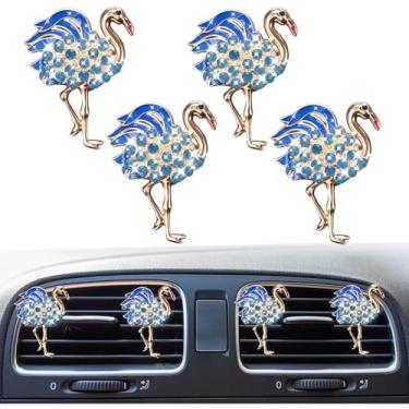 Imagem de 4 peças de grampos de ventilação de carro flamingo fofos, clipe de saída de ar condicionado automático de strass de cristal, pingente difusor de ambientador, acessório de decoração de interiores de
