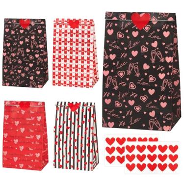 Imagem de Ohuimrt Pacote com 24 sacos de presente de Dia dos Namorados, 4 estilos de sacolas de papel com adesivos para lembrancinhas de festa dos namorados, troca de itens para sala de aula