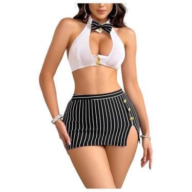 Imagem de RoseSeek Conjunto de lingerie feminina, 4 peças, listrado, sutiã e calcinha, fantasias exóticas, roupas de cosplay, Preto e branco, Small