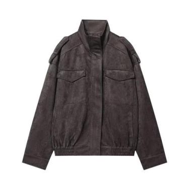 Imagem de Jaqueta Bomber Feminina Oversized De Camurça Com Zíper Para Inverno E 