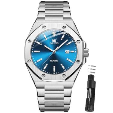Imagem de OLEVS Relógio de pulso masculino de aço inoxidável, à prova d'água, luxuoso, com data, casual, azul/preto/dourado/prata Reloj para Hombre, Pulseira prateada com face azul, Round, Relógio masculino