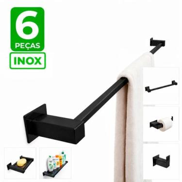Imagem de Toalheiro Inox 70cm - Kit Acessórios Banheiro 6 Peças Preto Fosco - De