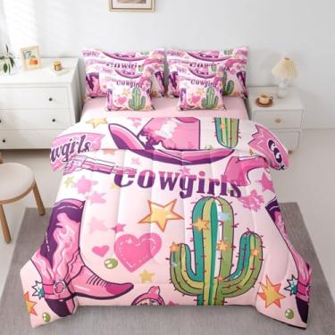 Imagem de Erosebridal Conjunto de edredom com lençol de casal de cowgirl ocidental com lençol para meninas adolescentes | Conjunto de cama de 7 peças de botas de caubói fofas para crianças, boêmio, tropical