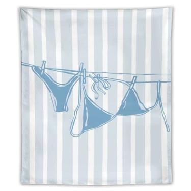 Imagem de Tapeçaria de biquíni azul em linha minimalista arte listrada fundo listrado decoração de casa temática de praia para quarto banheiro ambiente de verão tapeçaria 127 x 152 cm