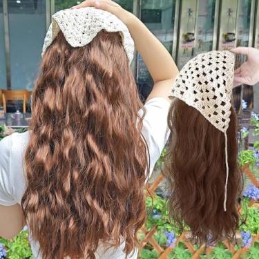 Imagem de Linda faixa de cabelo sintético encaracolado com bandanas elástico natural extensão de cabelo faixa de cabelo para decoração de cabelo feminina (Caqui, 70 cm)