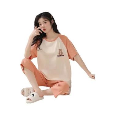 Imagem de Pijamas De Verão Em Algodão Para Mulheres Em Tamanho Grande, Manga Cur
