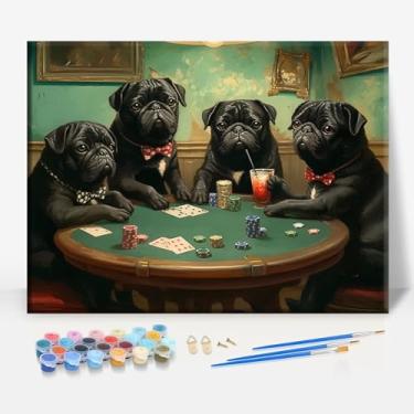 Imagem de HUINORYA Black Pug Poker Night Pug Dog Tela emoldurada DIY Kit de pintura por números bar café caverna sala de casa parede banheiro varanda pátio decoração presente, 40,6 x 30,5 cm