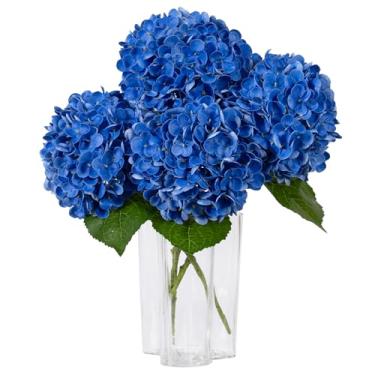 Imagem de DuHouse 4 peças de flores artificiais de hortênsia, látex de toque real com hastes longas e folhas para decoração de casa, arranjos florais de festa, buquês de casamento (azul royal)