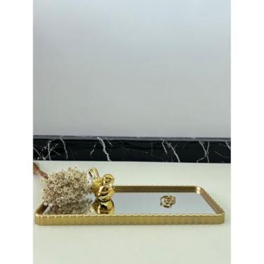 Imagem de Bandeja Espelhada Decorativa Preta e Dourada para Banheiro Lavabo e Sala – Bandeja Decorativa Multiuso com Espelho (Dourada（J90256))