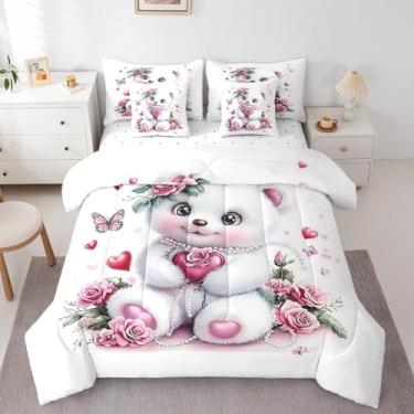 Imagem de Feelyou Jogo de cama Queen com estampa de urso fofo, 7 peças, rosa, borboleta, coração, flores, estampa de animal kawaii, em uma bolsa com edredom, lençóis, fronhas e capa de almofada