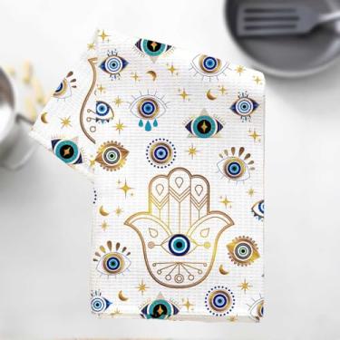 Imagem de Toalhas de cozinha com olho turco, pano de prato decorativo de microfibra absorvente com tema religioso, toalhas de mão de waffle para cozinha, casa, banheiro