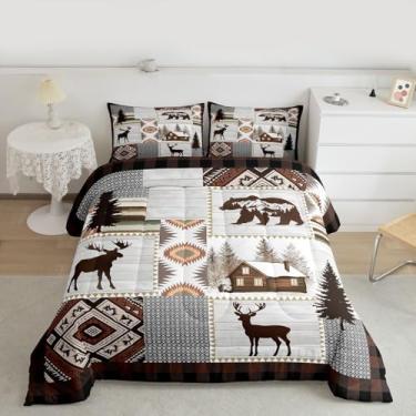 Imagem de Feelyou Conjunto de edredom rústica, tamanho Queen, urso, veado, alce, para crianças, meninos, meninas, fazenda, campo, xadrez, edredom xadrez, floresta, vida selvagem, com 2 fronhas