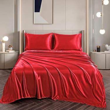 Imagem de LM Detona, Jogo De Lençol Superior Casal Padrão Cetim Seda Vermelho 3 Peças
