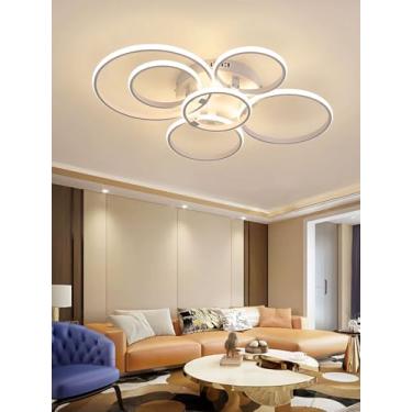 Imagem de Luminária de teto LED moderna, redonda, com intensidade regulável e controle remoto, em acrílico, com design econômico para iluminação de sala de jantar, quarto e cozinha (branca, 6 anéis).