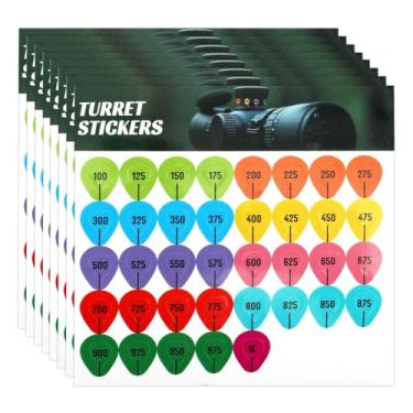 Imagem de 8 Folhas de Adesivos Coloridos para Torretas, Etiquetas Impermeáveis Miras Telescópicas com Marcadores de Alcance 100 a 1000 Jardas para Ajustes Longo Alcance em Caça Prática Tiro Ao Alvo