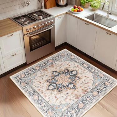 Imagem de RELEANY Tapetes quadrados de 1,2 m, lavável, antiderrapante, floral, vintage, estampa de angústia, tapete medalhão para sala de estar, quarto, sala de jantar, bege, azul marinho, laranja, colorido