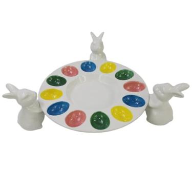 Imagem de Bandeja para ovos cozidos de porcelana de 25 cm com 12 compartimentos, recipiente de armazenamento de ovos cozidos de cerâmica com 3 peças de suporte de coelho para festa de Páscoa, lavável na