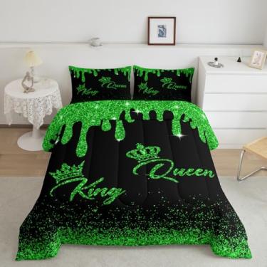Imagem de Conjunto de cama king e queen para meninos e meninas, coroa verde lantejoulas arte fluida todas as estações, conjunto de edredom aconchegante, conjunto de edredom para ele e ela, decoração de quarto