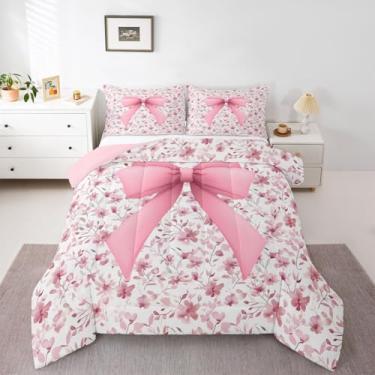 Imagem de jejeloiu Jogo de cama solteiro com laço rosa para meninas, meninos, meninas, edredom fofo com laço, decoração de quarto, microfibra, 2 peças com 1 fronha