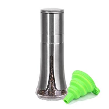 Imagem de Aelga Moedor de pimenta com funil de silicone – Moedor manual de vidro de 118 ml com núcleo de cerâmica ajustável e manga de aço inoxidável, utensílio de cozinha recarregável