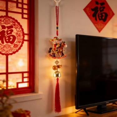 Imagem de KYMY Enfeite para pendurar ano novo chinês vietnamita 43 cm, decoração de borla vermelha de cerâmica do Deus da riqueza com sino e cabaça, decoração para pendurar na janela da porta do festival da