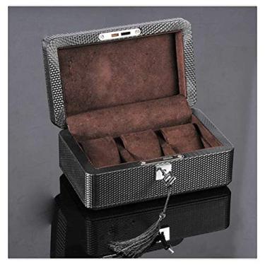 Imagem de HHHJQFAAT Caixa de armazenamento de relógio de fibra de carbono preta PU couro organizador de exibição de relógio com cadeado moda homens/mulheres joias caixas de presente (cor: marrom) (marrom)