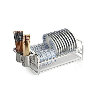 Imagem de Escorredor de pratos de cozinha de aço inoxidável escorredor de pratos multiuso escorredor de pratos com bandeja coletora e suporte para pauzinhos