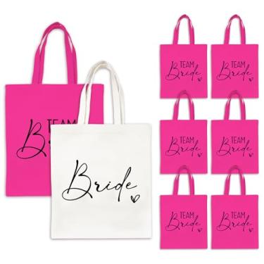 Imagem de JarThenaAMCS 8 peças de bolsas de lona de dama de honra, reutilizáveis, rosa-choque, branco, para noiva, para despedida de solteira, chá de panela, lembrancinhas de festa de casamento