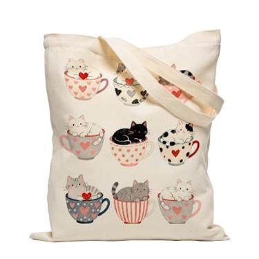 Imagem de AUOIAJAS Sacola de lona, sacolas de compras reutilizáveis, alças largas nos ombros, trabalho, praia, compras e academia, presentes para amantes de livros, Copo para gatos, 14*15inches