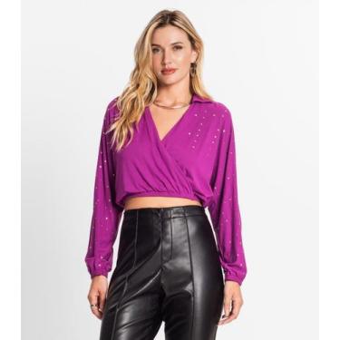 Imagem de Camisa Feminina Manga Longa Com Strass Endless Roxo, GG, Roxo
