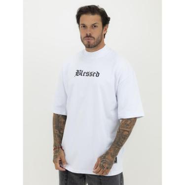 Imagem de Camiseta Oversized Gola Alta Estampa Abençoado Streetwear Algodão Premium Branco-Masculino