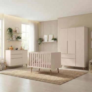 Imagem de Quarto de Bebê Completo 3 Peças Berço Minicama 2 em 1, Cômoda e Guarda