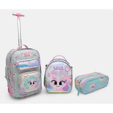 Imagem de Kit mochila rodinha+lancheira+estojo gata sereia paetê puket