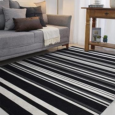 Imagem de Tapete Sala Quarto 1,40 x 2,00m Listrado Preto Artesanal Moderno Antiderrapante