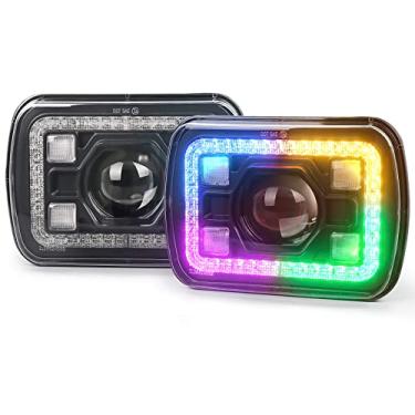 Imagem de Faróis de LED Halo RGB 7x6, PXPART 85W DOT 5x7" Faróis de LED com controle Bluetooth RGB Halo Âmbar Sinal Compatível com Jeep Wrangler YJ Cherokee XJ GMC Toyota Nissan Ford Truck