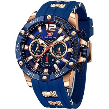 Imagem de MF Mini Focus Relógios de pulso masculinos modernos, casuais, cronógrafo, 3 ATM, à prova d'água, calendário luminoso, 24 horas, pulseira de silicone relógios para homens, Dourado, azul