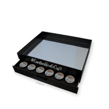 Imagem de Bandeja Preta Porta Cápsulas 3 Corações Cantinho do Café Espelhada com Gaveta Decorativo Grande Mdf Organizador Apoio Servir Café Chá Cafeteira - BoxFan