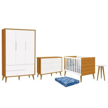 Imagem de Dormitório Theo 3 Portas, Cômoda 6 Gavetas, Berço, Mesa de Canto com Pés Amadeirado e Colchão - Reller Móveis