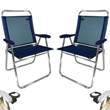 Imagem de Kit 2 Cadeira De Praia King Oversize Alumínio Até 140Kg 2 Porta Copos Térmico Lata Isopor Dobrável - Zaka