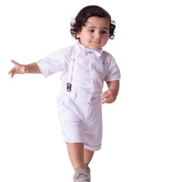 Imagem de Conjunto Social Bebê Batizado Menino Conjunto Kit 4 Peças Camisa Bermuda Gravata Suspensório (Branco, M - 2 a 3 Anos)