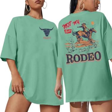 Imagem de Camisetas femininas Rodeo Cowgirl Outfits: Not My First Rodeo Western Camisetas vintage com estampa de caveira de vaca camisetas grandes, Verde, P