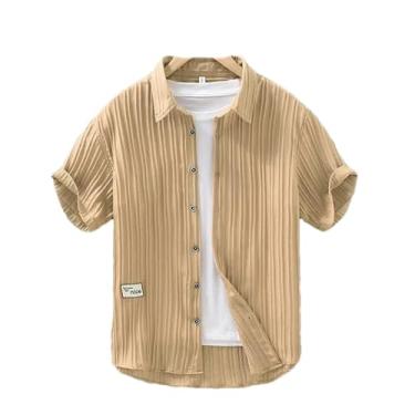Imagem de Camisa masculina de verão manga curta fina seda gelada não prensada a ferro enrugada casual cardigã solto forrado, Caqui, M