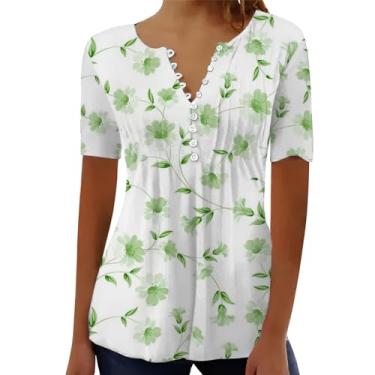 Imagem de Camiseta feminina casual plissada gola redonda botão aberto manga curta solta blusa de veludo cotelê feminino, Verde, GG
